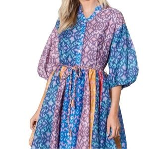 Yakira Bella Sari Patchwork Button Front Midi Dress Modest Colorful Boho S NEW